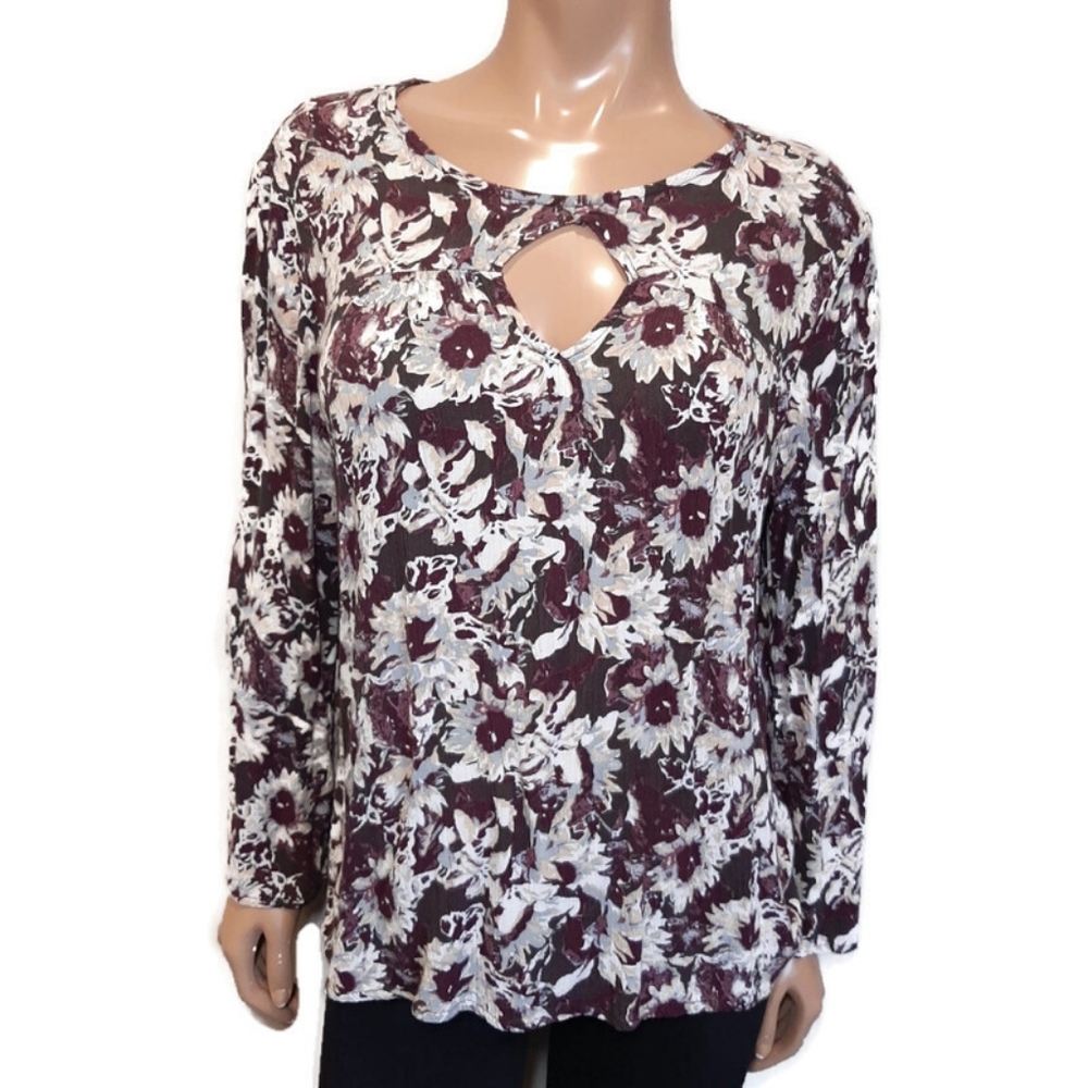 GEORGE Floral Long Sleeve Keyhole Cut Out Pleated Blouse Top Womens Size Large